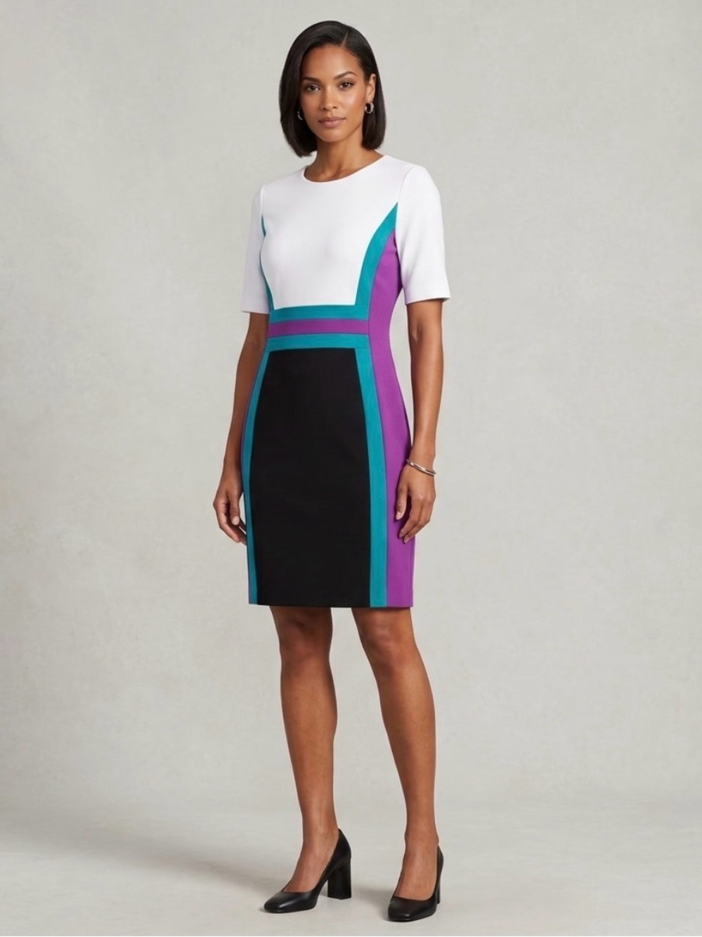 Shelby & Palmer White, Teal & Purple Colorblock Midi Dress